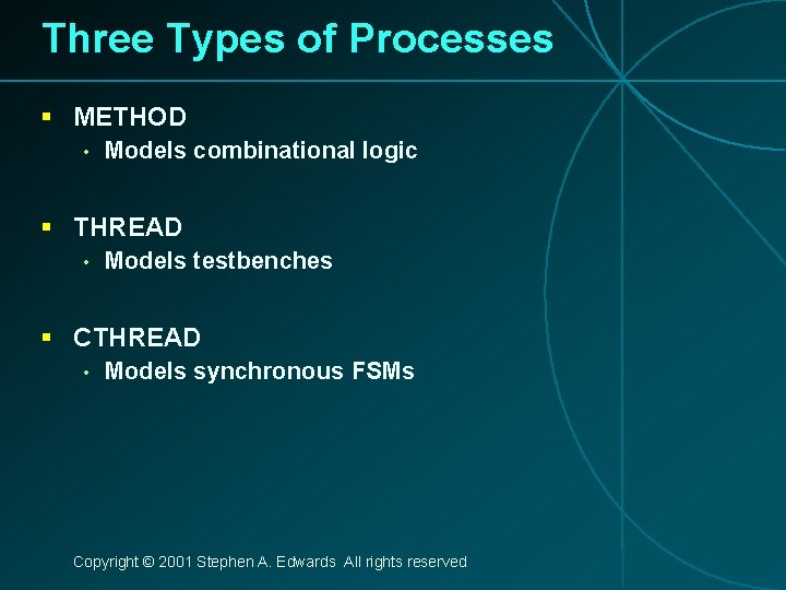 Three Types of Processes § METHOD • Models combinational logic § THREAD • Models