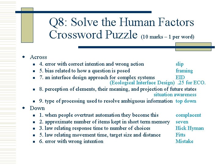 Q 8: Solve the Human Factors Crossword Puzzle (10 marks – 1 per word)