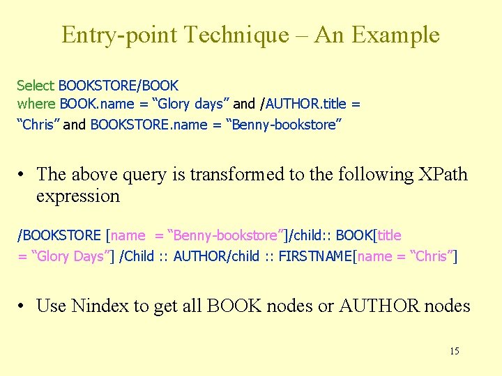 Entry-point Technique – An Example Select BOOKSTORE/BOOK where BOOK. name = “Glory days” and