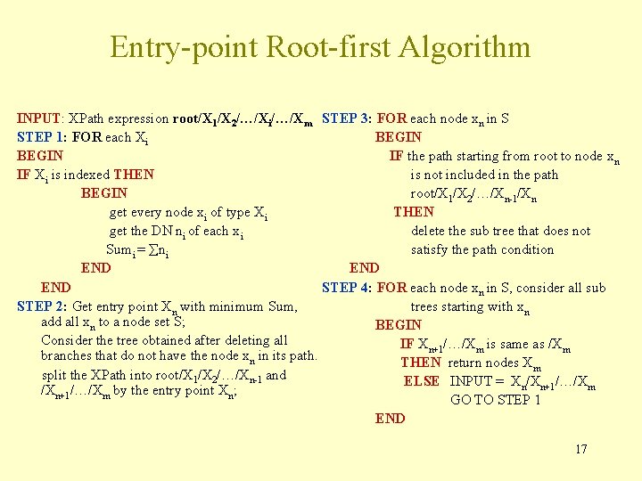 Entry-point Root-first Algorithm INPUT: XPath expression root/X 1/X 2/…/Xi/…/Xm STEP 3: FOR each node