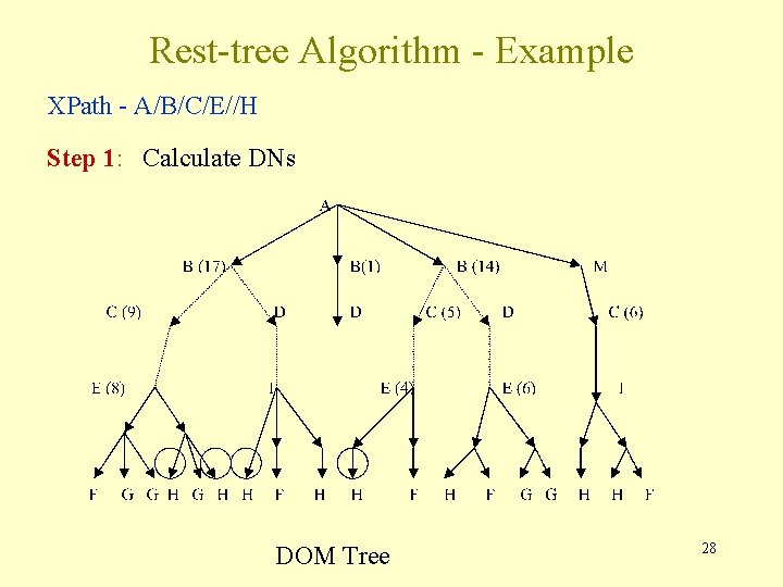 Rest-tree Algorithm - Example XPath - A/B/C/E//H Step 1: Calculate DNs DOM Tree 28