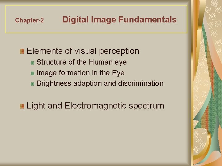 Chapter-2 Digital Image Fundamentals Elements of visual perception Structure of the Human eye Image