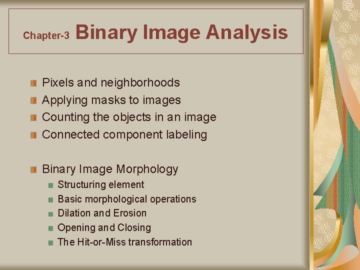 Chapter-3 Binary Image Analysis Pixels and neighborhoods Applying masks to images Counting the objects