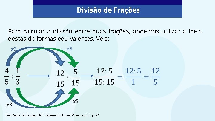 Divisão de Frações Para calcular a divisão entre duas frações, podemos utilizar a ideia