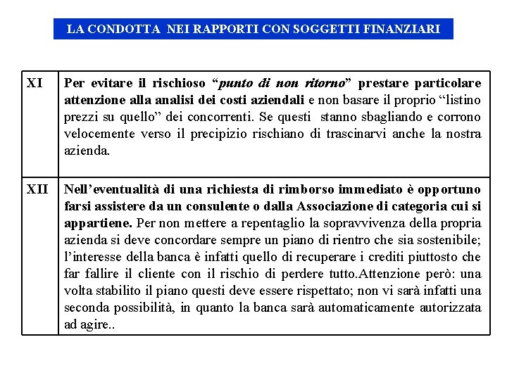 LA CONDOTTA NEI RAPPORTI CON SOGGETTI FINANZIARI XI Per evitare il rischioso “punto di