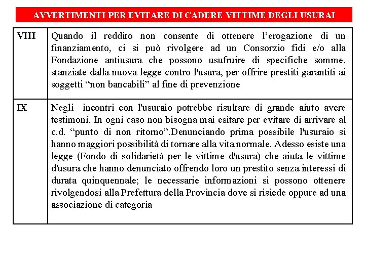 AVVERTIMENTI PER EVITARE DI CADERE VITTIME DEGLI USURAI VIII Quando il reddito non consente