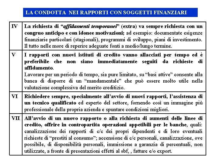 LA CONDOTTA NEI RAPPORTI CON SOGGETTI FINANZIARI IV La richiesta di “affidamenti temporanei” (extra)