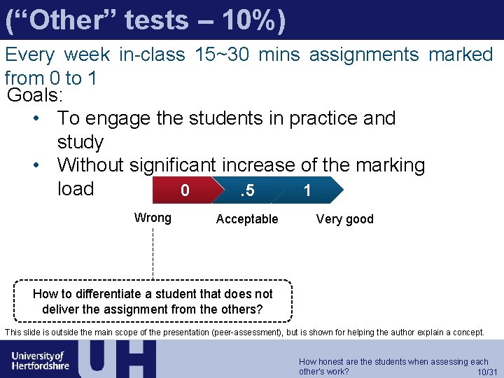 (“Other” tests – 10%) Every week in-class 15~30 mins assignments marked from 0 to