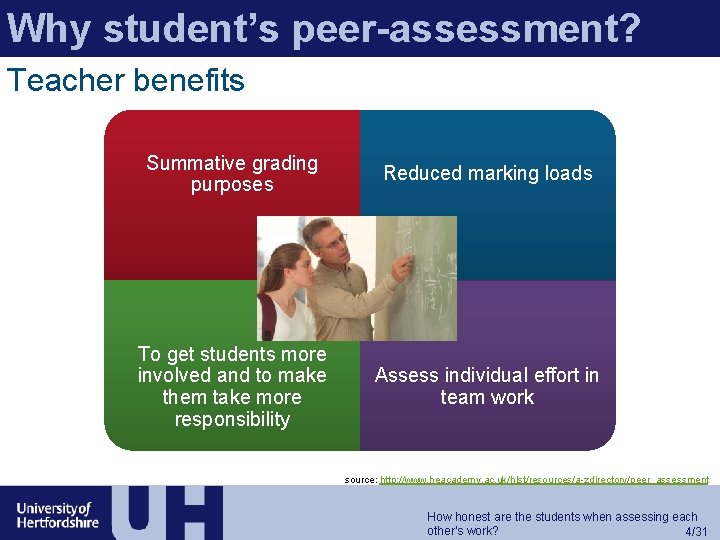 Why student’s peer-assessment? Teacher benefits Summative grading purposes Reduced marking loads Engagement To get