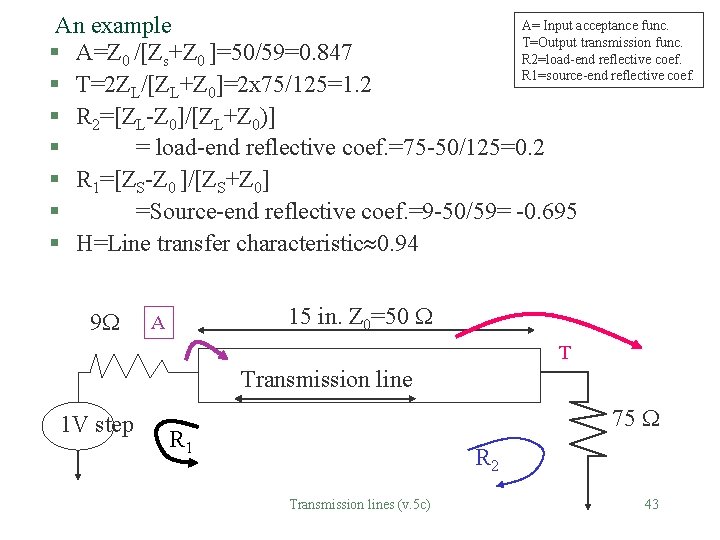 A= Input acceptance func. An example T=Output transmission func. § A=Z 0 /[Zs+Z 0