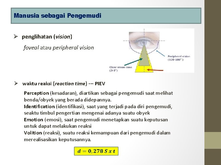 Manusia sebagai Pengemudi Ø penglihatan (vision) foveal atau peripheral vision Ø waktu reaksi (reaction