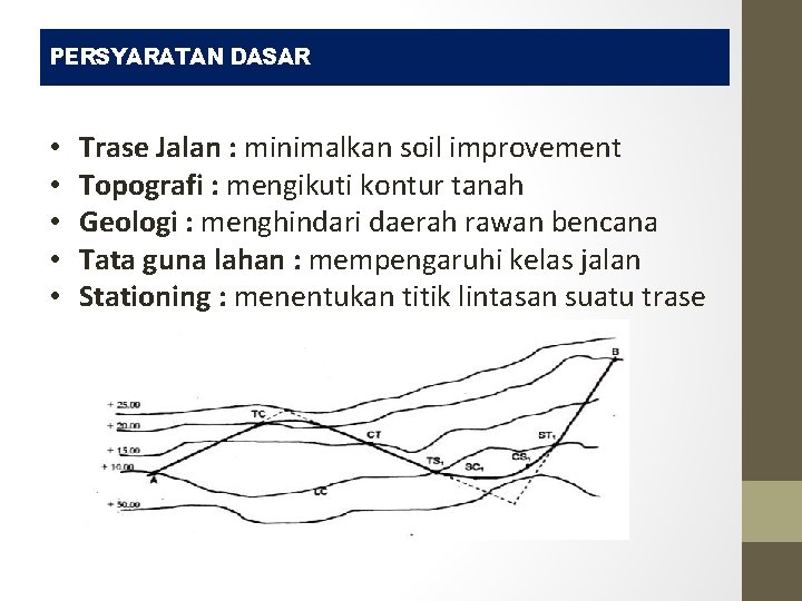 PERSYARATAN DASAR • • • Trase Jalan : minimalkan soil improvement Topografi : mengikuti