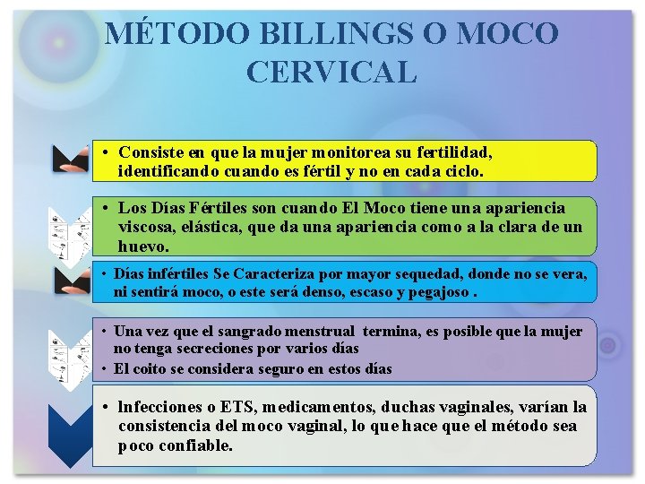 MÉTODO BILLINGS O MOCO CERVICAL • Consiste en que la mujer monitorea su fertilidad,