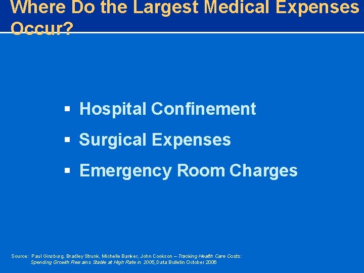 Where Do the Largest Medical Expenses Occur? § Hospital Confinement § Surgical Expenses §