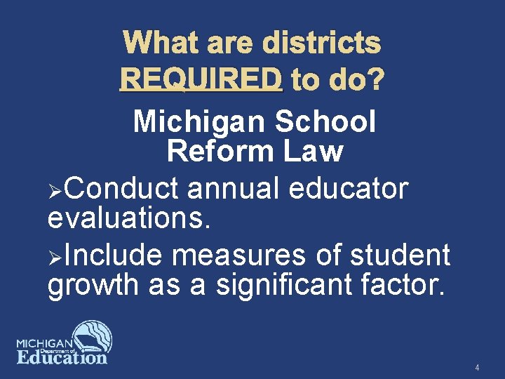 What are districts REQUIRED to do? Michigan School Reform Law ØConduct annual educator evaluations.