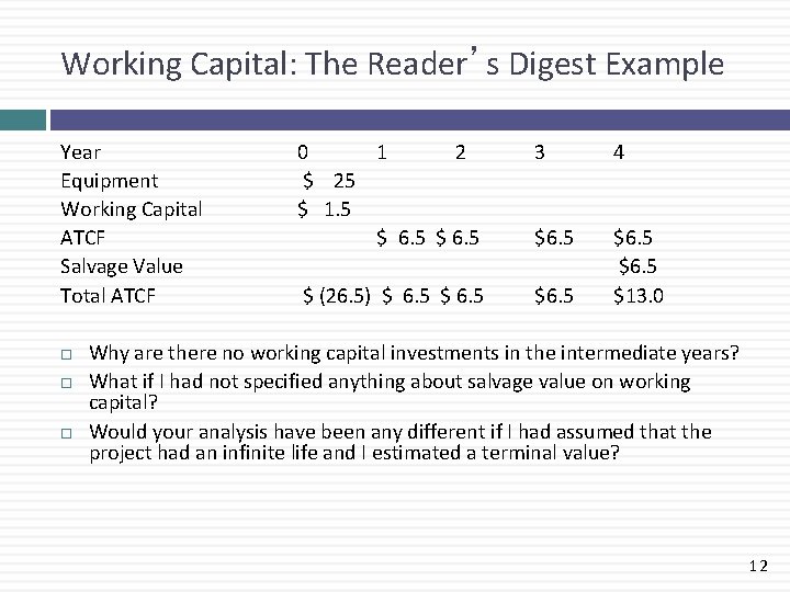 Working Capital: The Reader’s Digest Example Year Equipment Working Capital ATCF Salvage Value Total