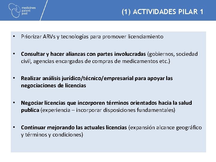 (1) ACTIVIDADES PILAR 1 • Priorizar ARVs y tecnologías para promover licenciamiento • Consultar