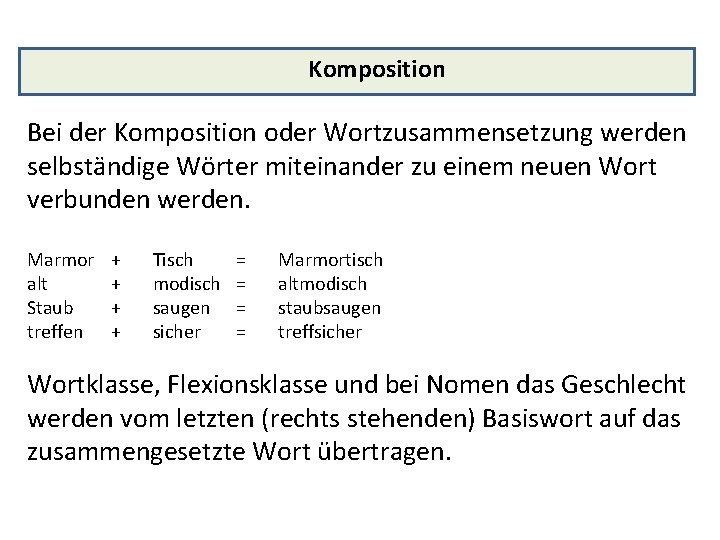 Komposition Bei der Komposition oder Wortzusammensetzung werden selbständige Wörter miteinander zu einem neuen Wort