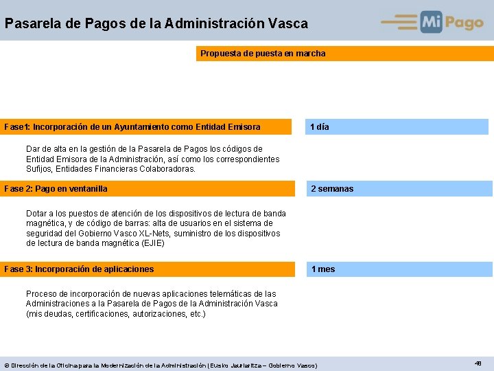 Pasarela de Pagos de la Administración Vasca Propuesta de puesta en marcha Fase 1: