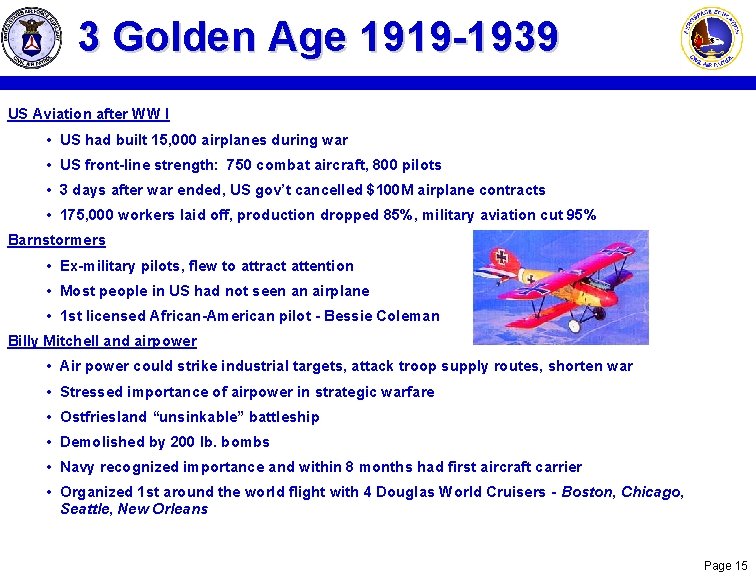 3 Golden Age 1919 -1939 US Aviation after WW I • US had built