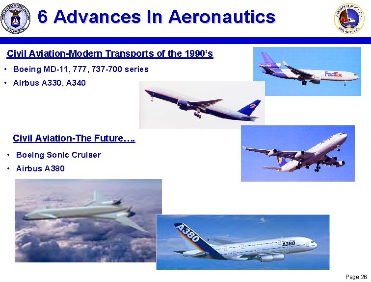6 Advances In Aeronautics Civil Aviation-Modern Transports of the 1990’s • Boeing MD-11, 777,