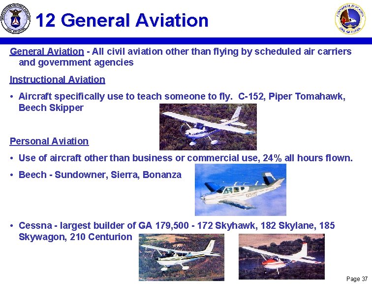12 General Aviation - All civil aviation other than flying by scheduled air carriers