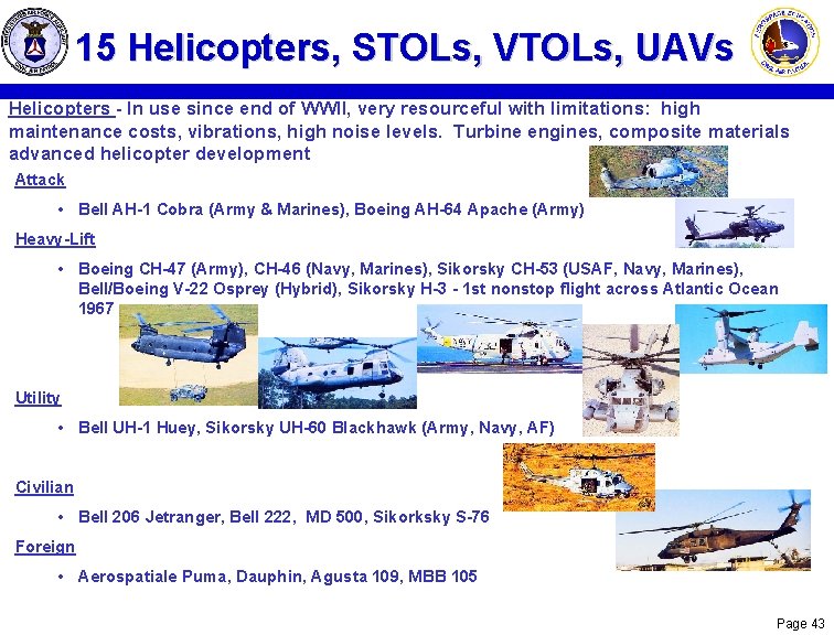 15 Helicopters, STOLs, VTOLs, UAVs Helicopters - In use since end of WWII, very