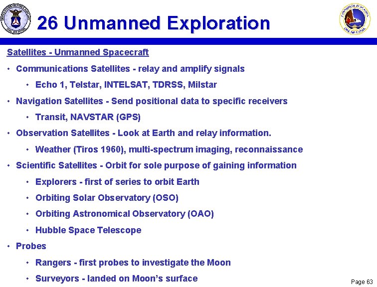 26 Unmanned Exploration Satellites - Unmanned Spacecraft • Communications Satellites - relay and amplify