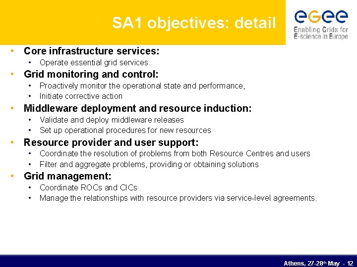 SA 1 objectives: detail • Core infrastructure services: • Operate essential grid services •