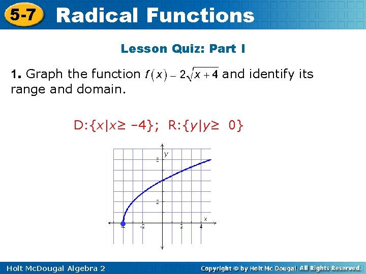 5 -7 Radical Functions Lesson Quiz: Part I 1. Graph the function range and