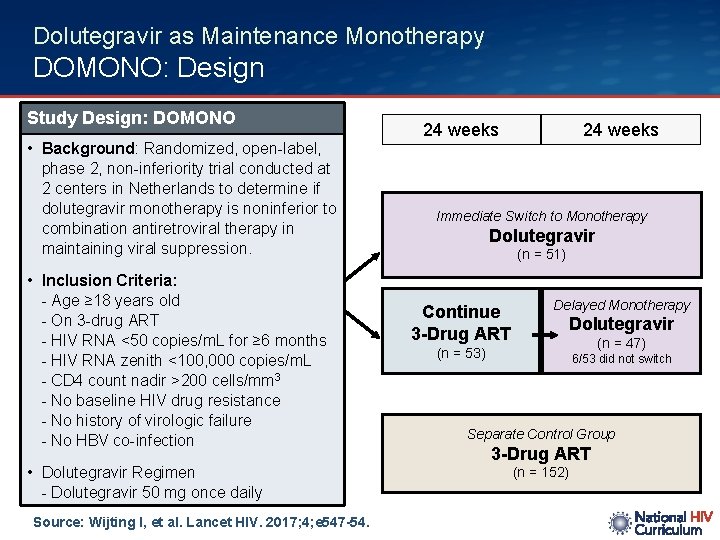 Dolutegravir as Maintenance Monotherapy DOMONO: Design Study Design: DOMONO • Background: Randomized, open-label, phase