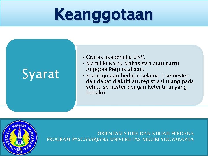 Keanggotaan Syarat • Civitas akademika UNY. • Memiliki Kartu Mahasiswa atau Kartu Anggota Perpustakaan.