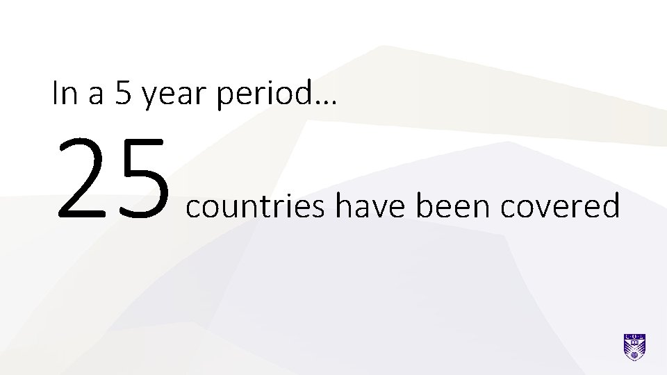 In a 5 year period… 25 countries have been covered 