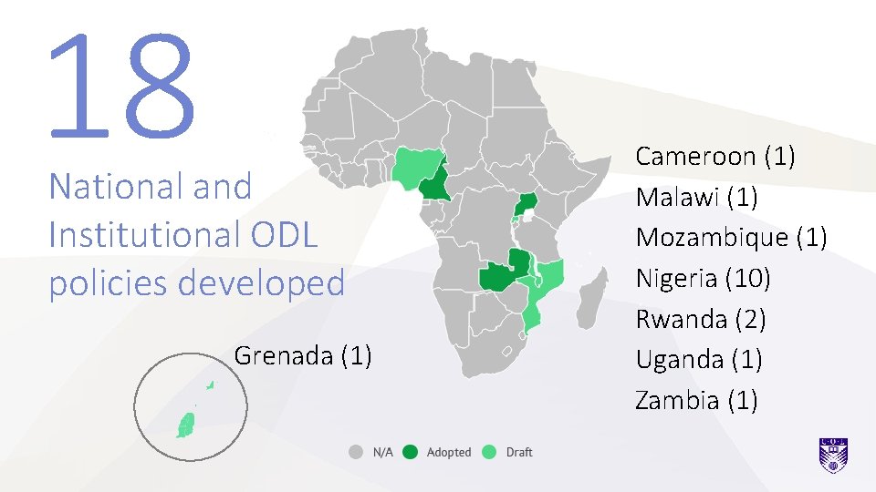 18 National and Institutional ODL policies developed Grenada (1) Cameroon (1) Malawi (1) Mozambique