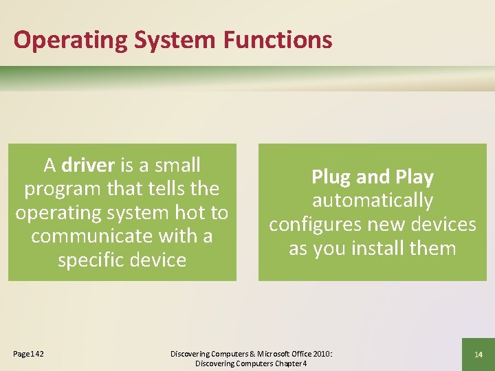 Operating System Functions A driver is a small program that tells the operating system