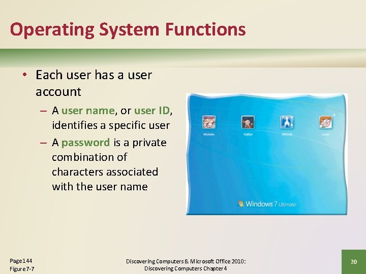 Operating System Functions • Each user has a user account – A user name,