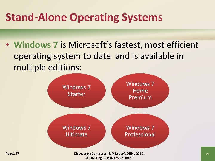 Stand-Alone Operating Systems • Windows 7 is Microsoft’s fastest, most efficient operating system to