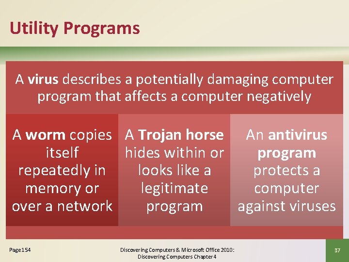 Utility Programs A virus describes a potentially damaging computer program that affects a computer