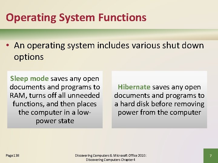Operating System Functions • An operating system includes various shut down options Sleep mode