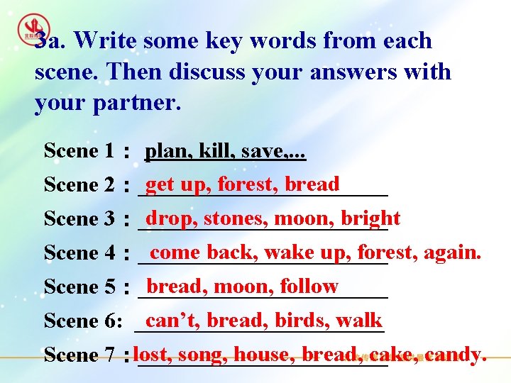 3 a. Write some key words from each scene. Then discuss your answers with