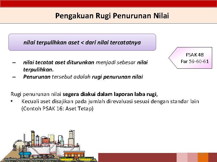 Pengakuan Rugi Penurunan Nilai nilai terpulihkan aset < dari nilai tercatatnya – – nilai