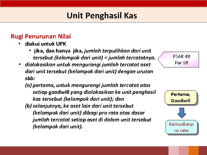 Unit Penghasil Kas Rugi Penurunan Nilai • diakui untuk UPK • jika, dan hanya