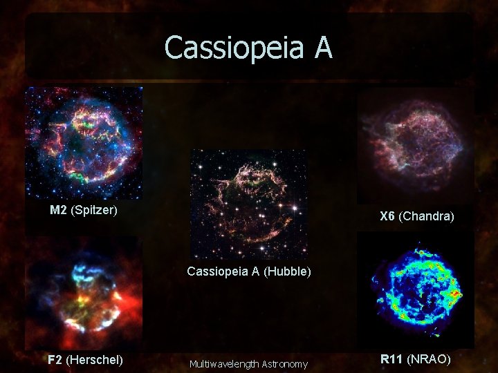 Cassiopeia A M 2 (Spitzer) X 6 (Chandra) Cassiopeia A (Hubble) F 2 (Herschel)