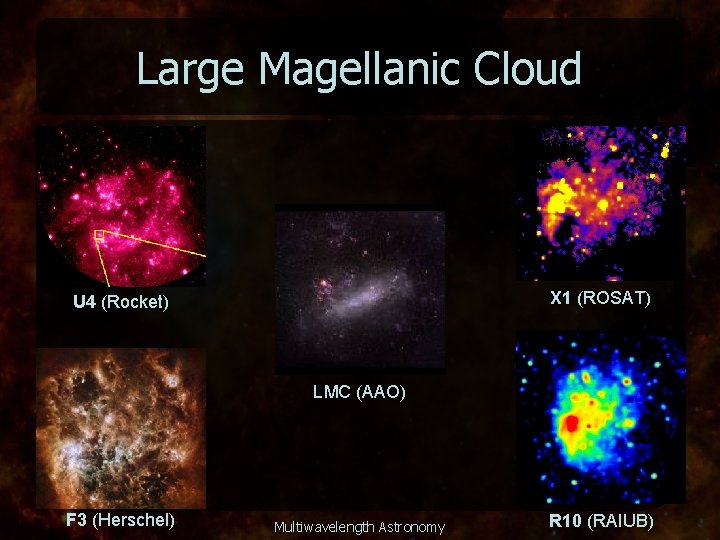 Large Magellanic Cloud X 1 (ROSAT) U 4 (Rocket) LMC (AAO) F 3 (Herschel)