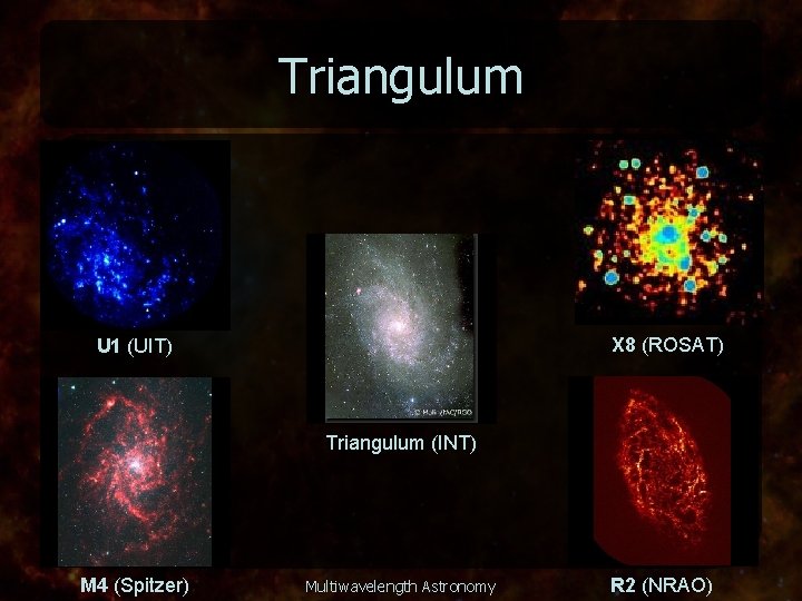 Triangulum X 8 (ROSAT) U 1 (UIT) Triangulum (INT) M 4 (Spitzer) Multiwavelength Astronomy