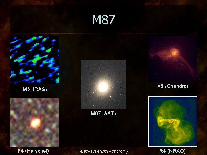 M 87 X 9 (Chandra) M 5 (IRAS) M 87 (AAT) F 4 (Herschel)