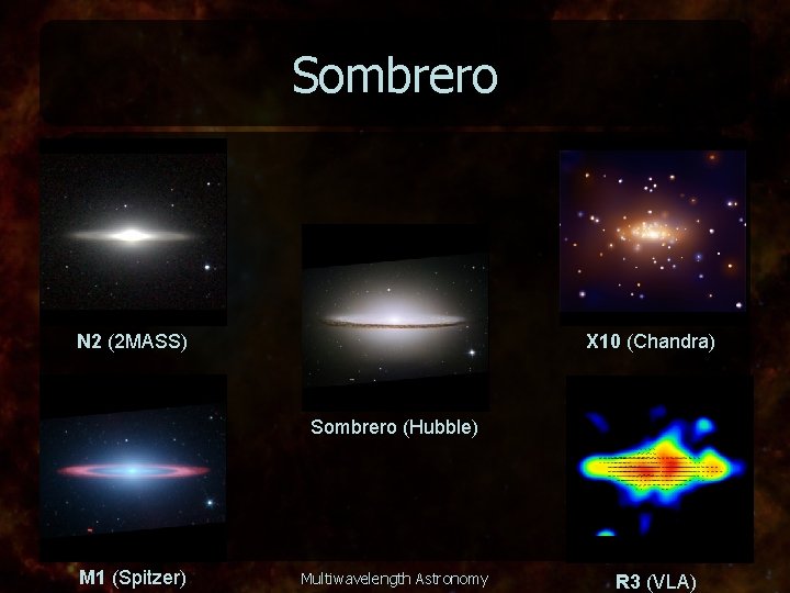 Sombrero N 2 (2 MASS) X 10 (Chandra) Sombrero (Hubble) M 1 (Spitzer) Multiwavelength