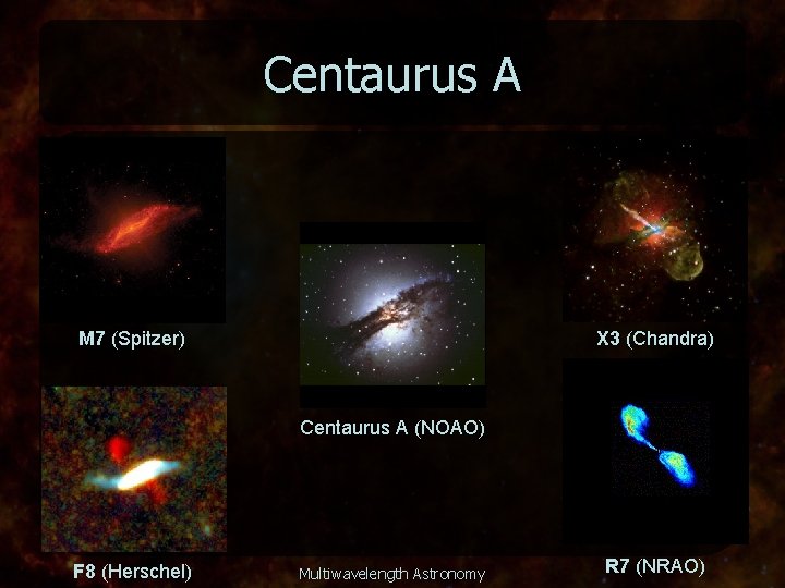 Centaurus A X 3 (Chandra) M 7 (Spitzer) Centaurus A (NOAO) F 8 (Herschel)