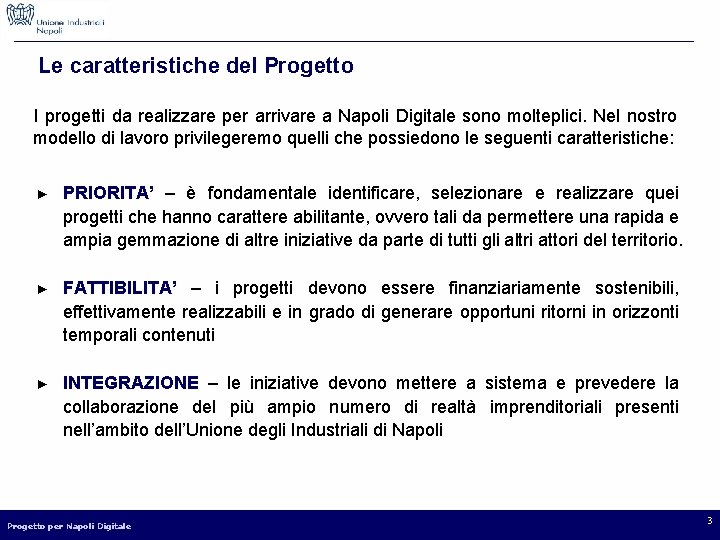 Le caratteristiche del Progetto I progetti da realizzare per arrivare a Napoli Digitale sono