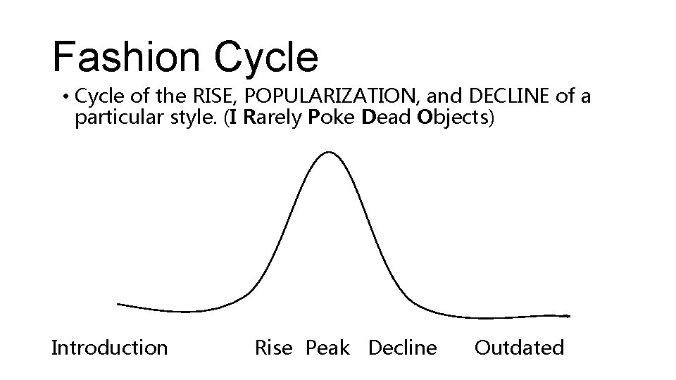 Fashion Cycle • Cycle of the RISE, POPULARIZATION, and DECLINE of a particular style. Fashion Cycle • Cycle of the RISE, POPULARIZATION, and DECLINE of a particular style.